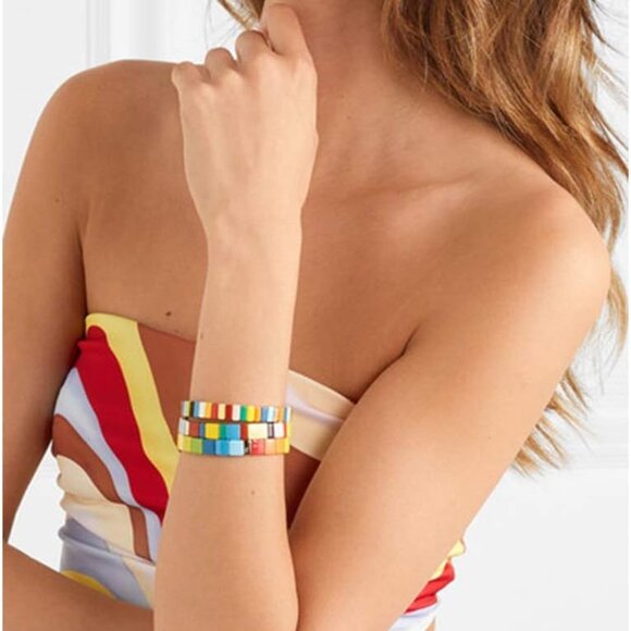 Tile Bracelets Enamel Rainbow Tile Bead Bracelets Colorblock Stackable Stretch B - Picture 7 of 8